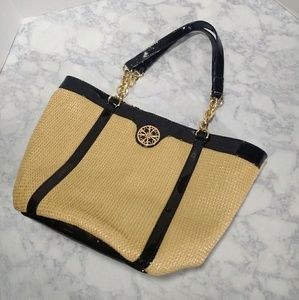 Avon Tan and Black Straw Tote with Gold Accents